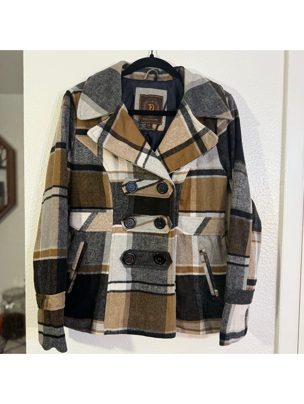 Y2K Dollhouse Plaid Peacoat Brown Gray Wool Blend Double Breasted M